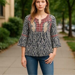 Sigrid Olsen Navy and Coral Boho Blouse